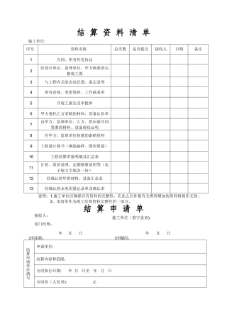 结算申请、结算资料清单表格
