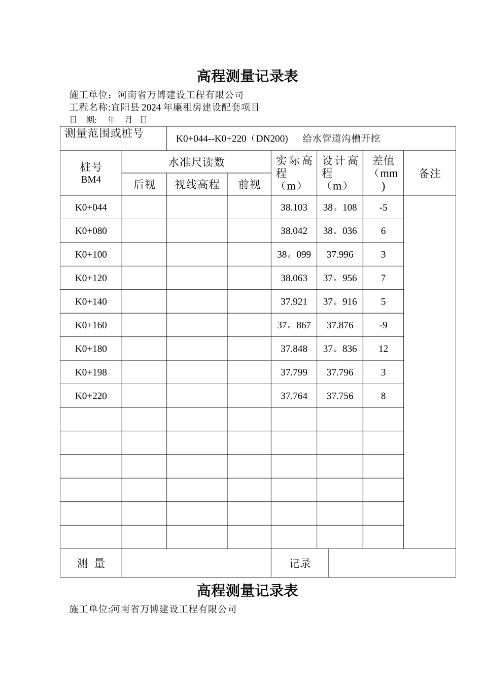给水高程测量记录表_第1页