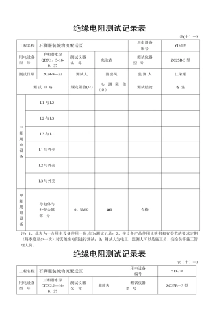 绝缘电阻测试记录表