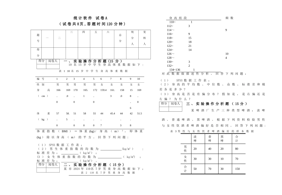 统计软件SPSS试卷一及答案_第1页
