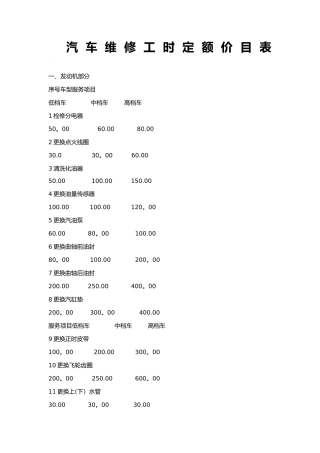 维修工时价格表