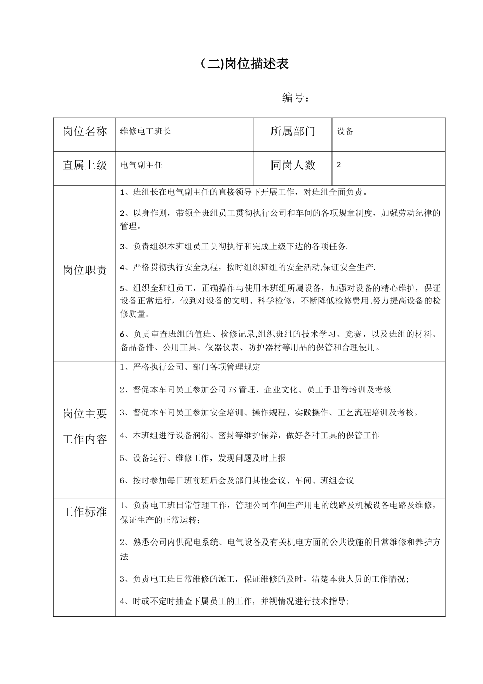 维修电工班长岗位描述表-_第1页