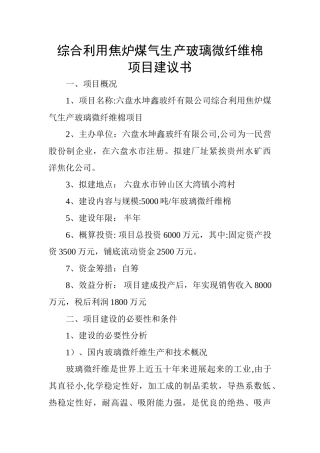 综合利用焦炉煤气生产玻璃微纤维棉项目建议书