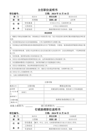 综合办人事行政办公室岗位说明书