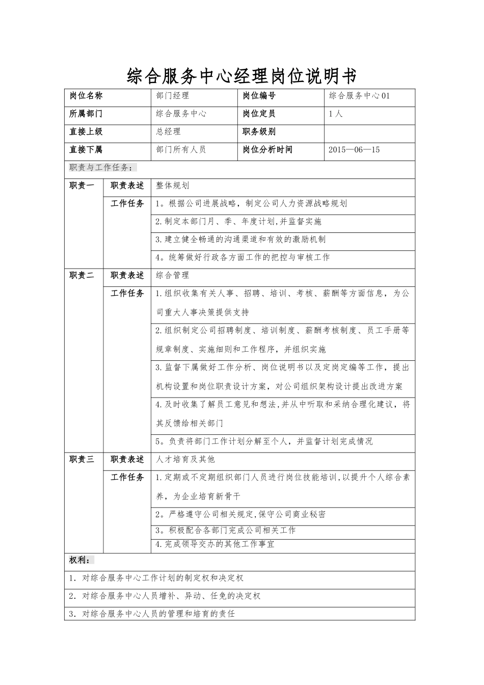 综合服务中心岗位说明书_第1页