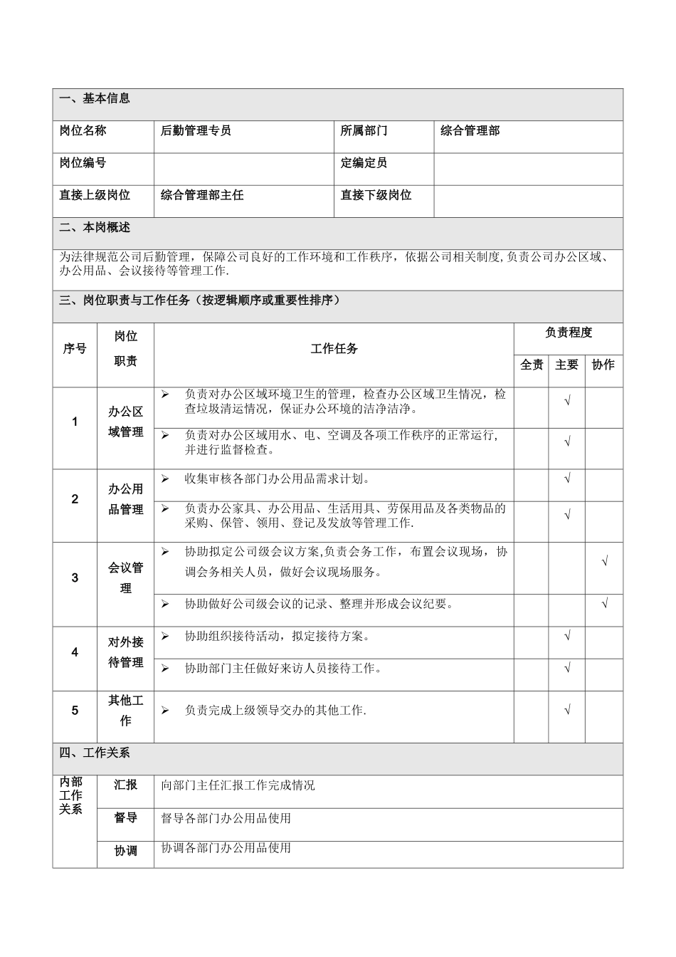 综合管理部后勤管理岗岗位说明书_第1页