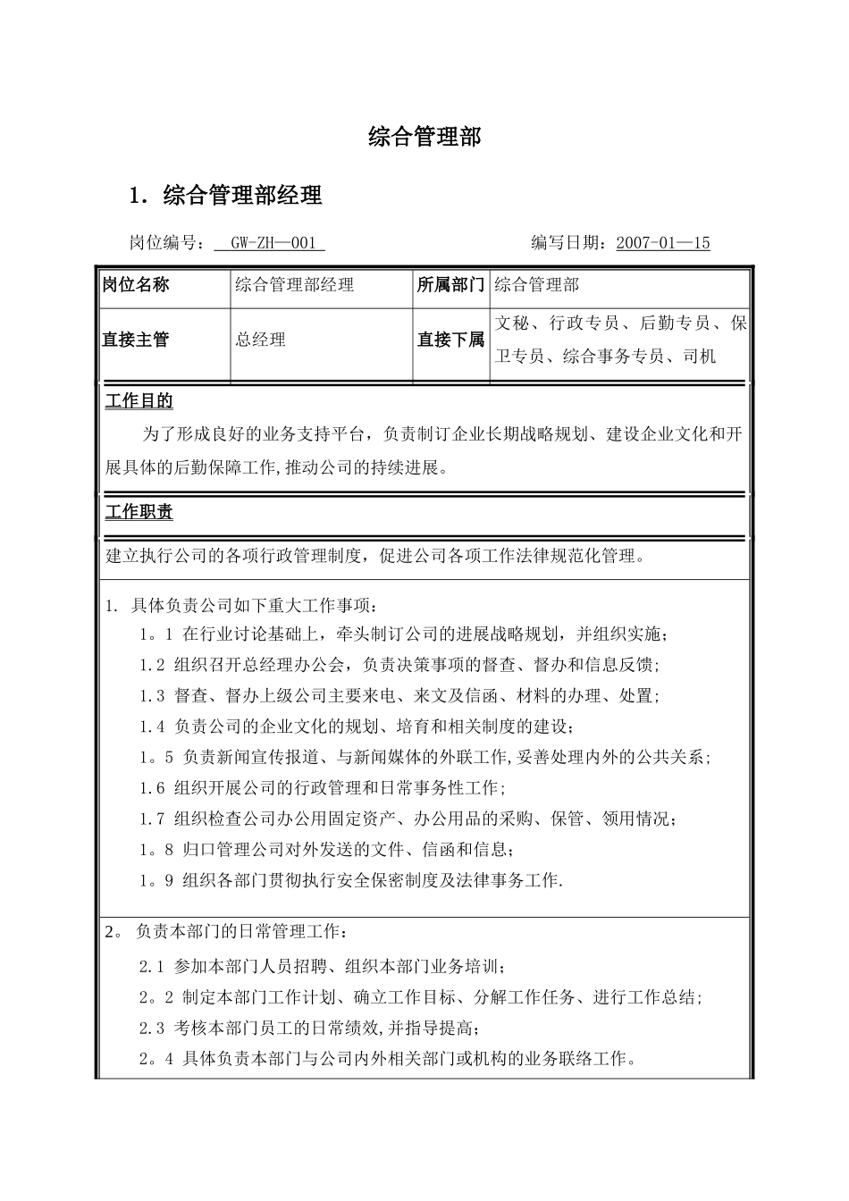 综合管理部岗位说明书_第3页