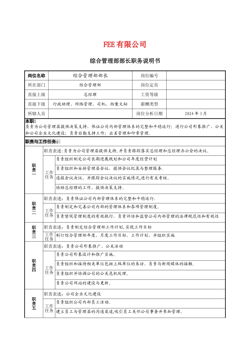 综合管理部职务说明书_第1页