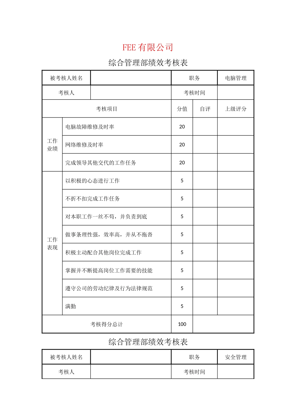 综合管理部绩效考核表_第1页