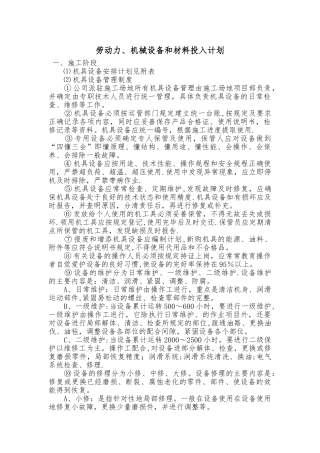 绿化工程劳动力、机械设备和材料投入计划