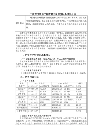 宁波万恒装饰工程有限公司年度财务报告分析  会计财务管理专业