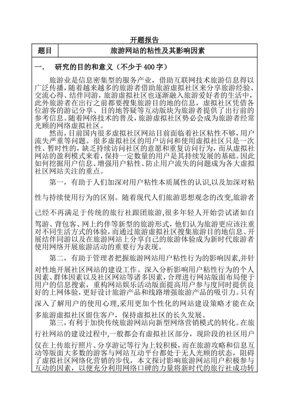 旅游网站的粘性及其影响因素 旅游管理专业开题报告_第1页