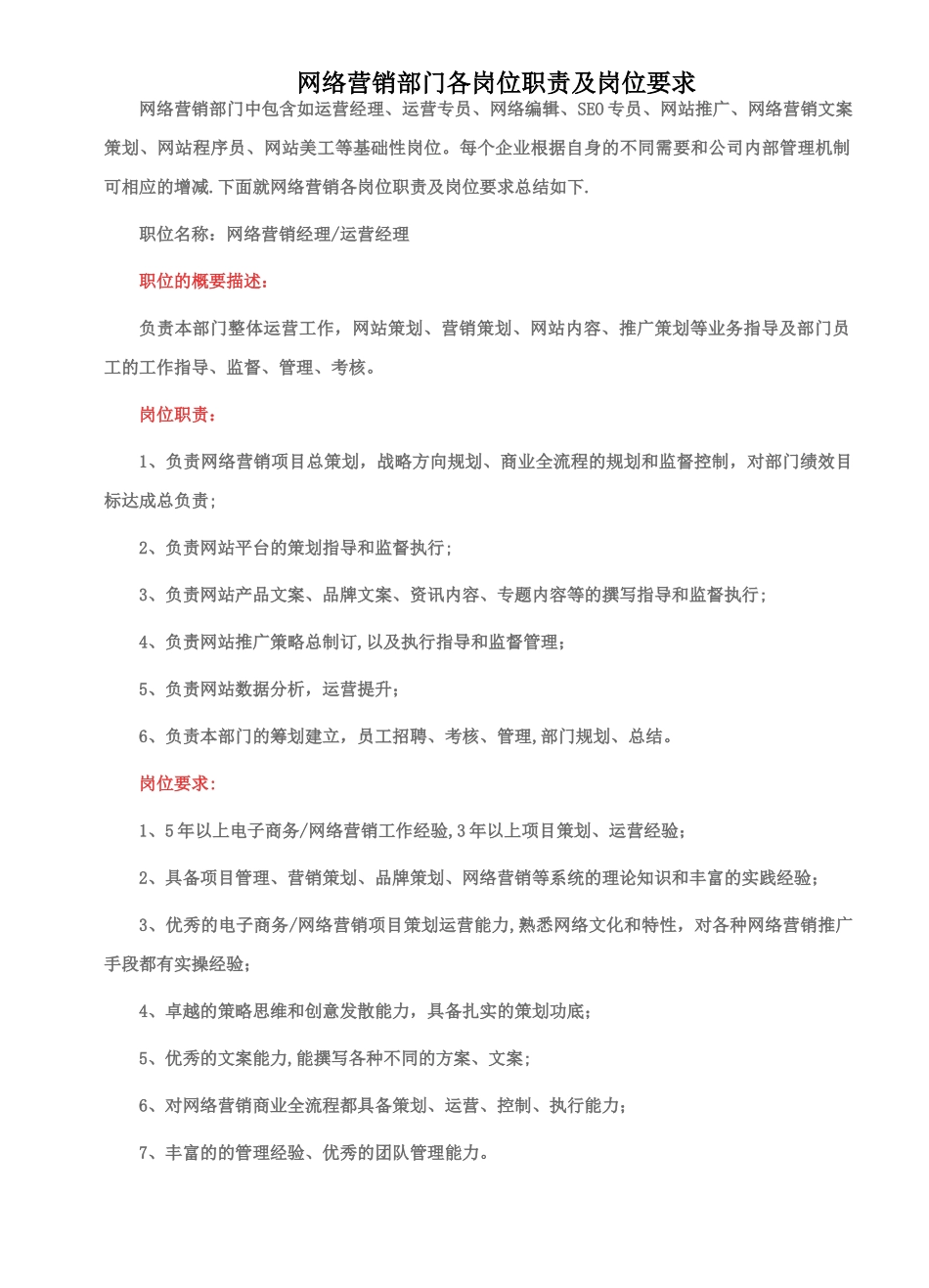 网络营销公司岗位职责汇总_第1页