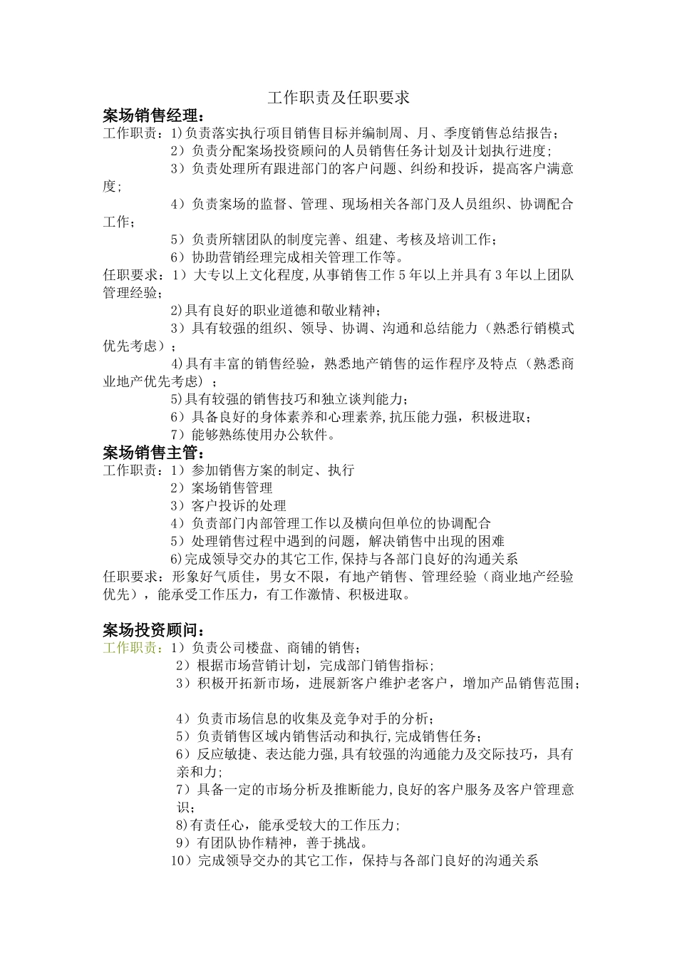 置业顾问、主管、经理任职要求、岗位职责!_第1页