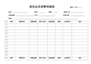 美发沙龙会员消费明细表登记表