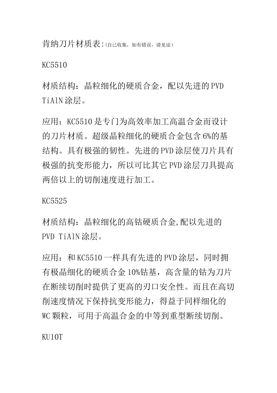 美国肯纳刀具刀片材质表_第1页