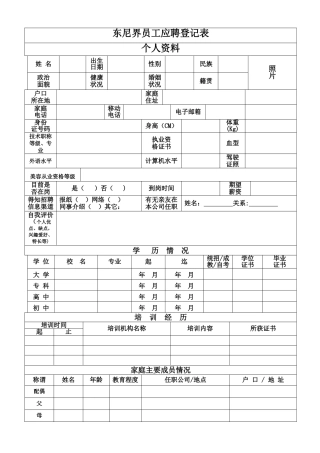 美容院员工应聘登记表