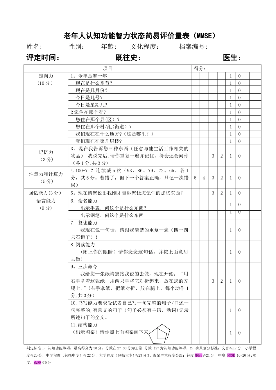 老年人认知功能智力状态简易评价量表_第1页