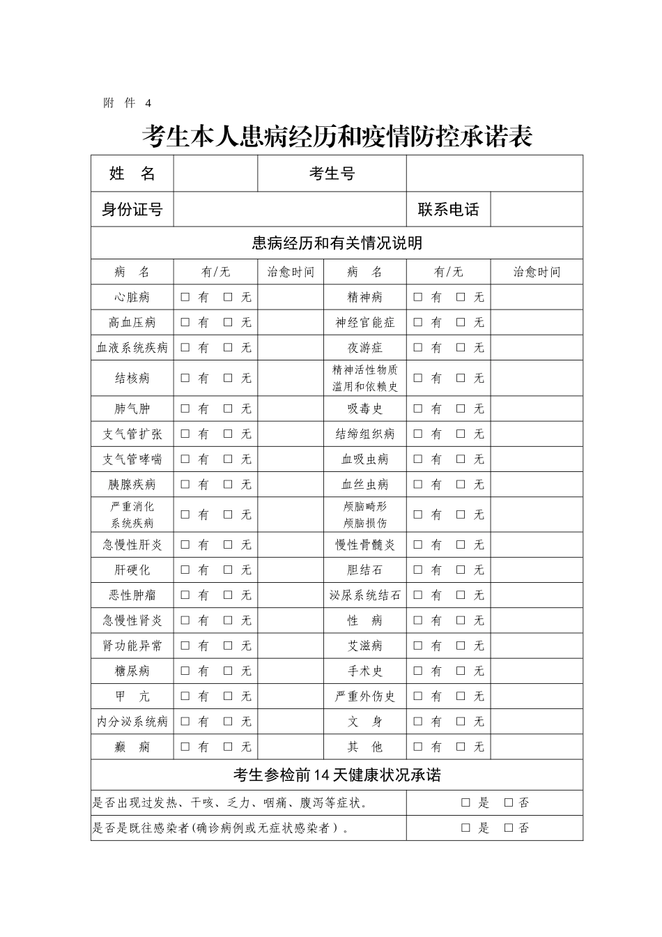 考生本人患病经历和疫情防控承诺表_第1页
