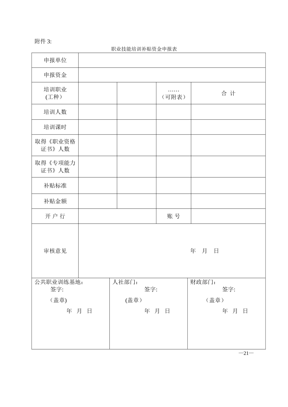 职业技能培训补贴资金申报表等_第1页