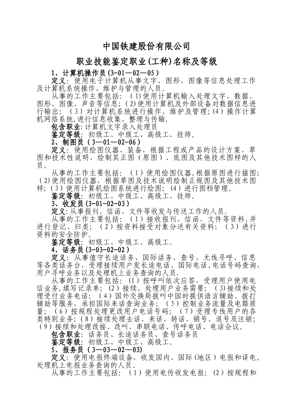 职业技能鉴定职业名称及等级_第1页
