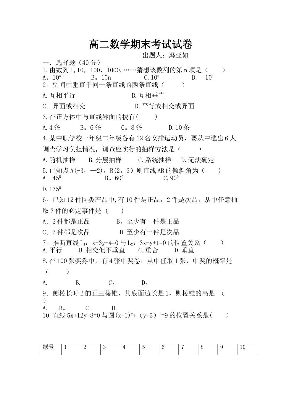 职业高中高二期末考试数学试卷_第1页