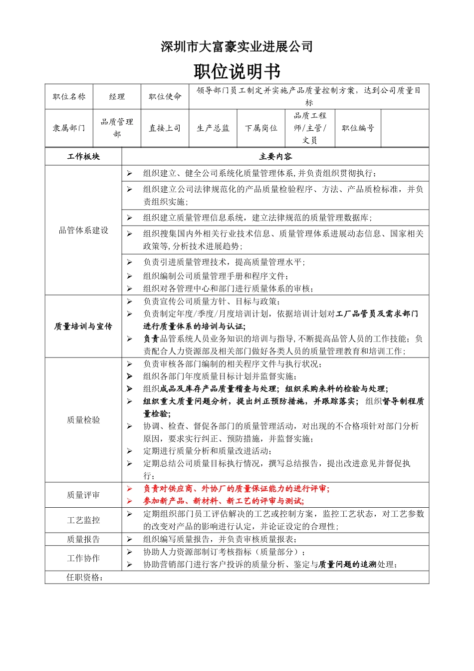 职位说明书-品管部_第1页