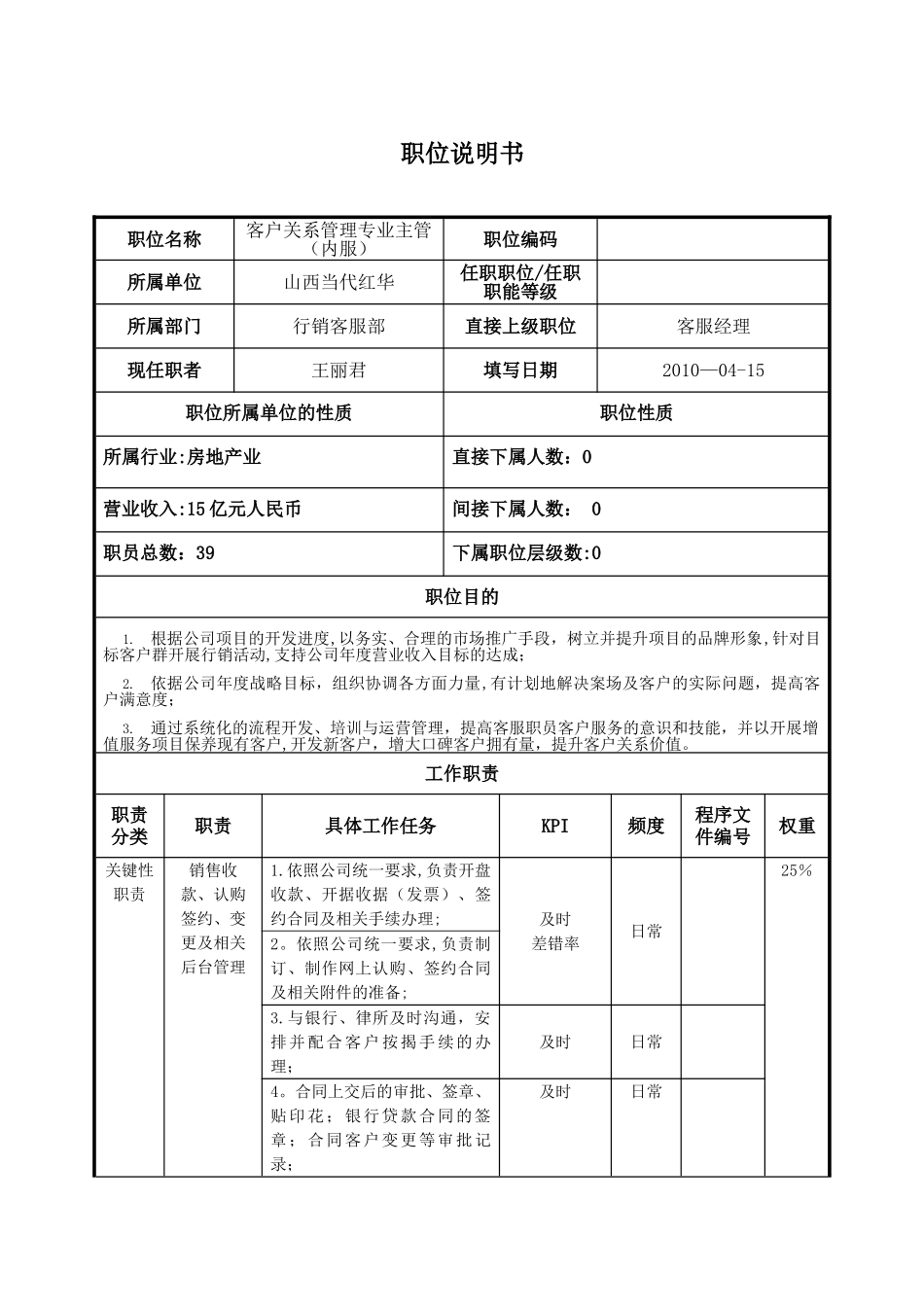 职位说明书-当代红华-客户服务主管_第1页