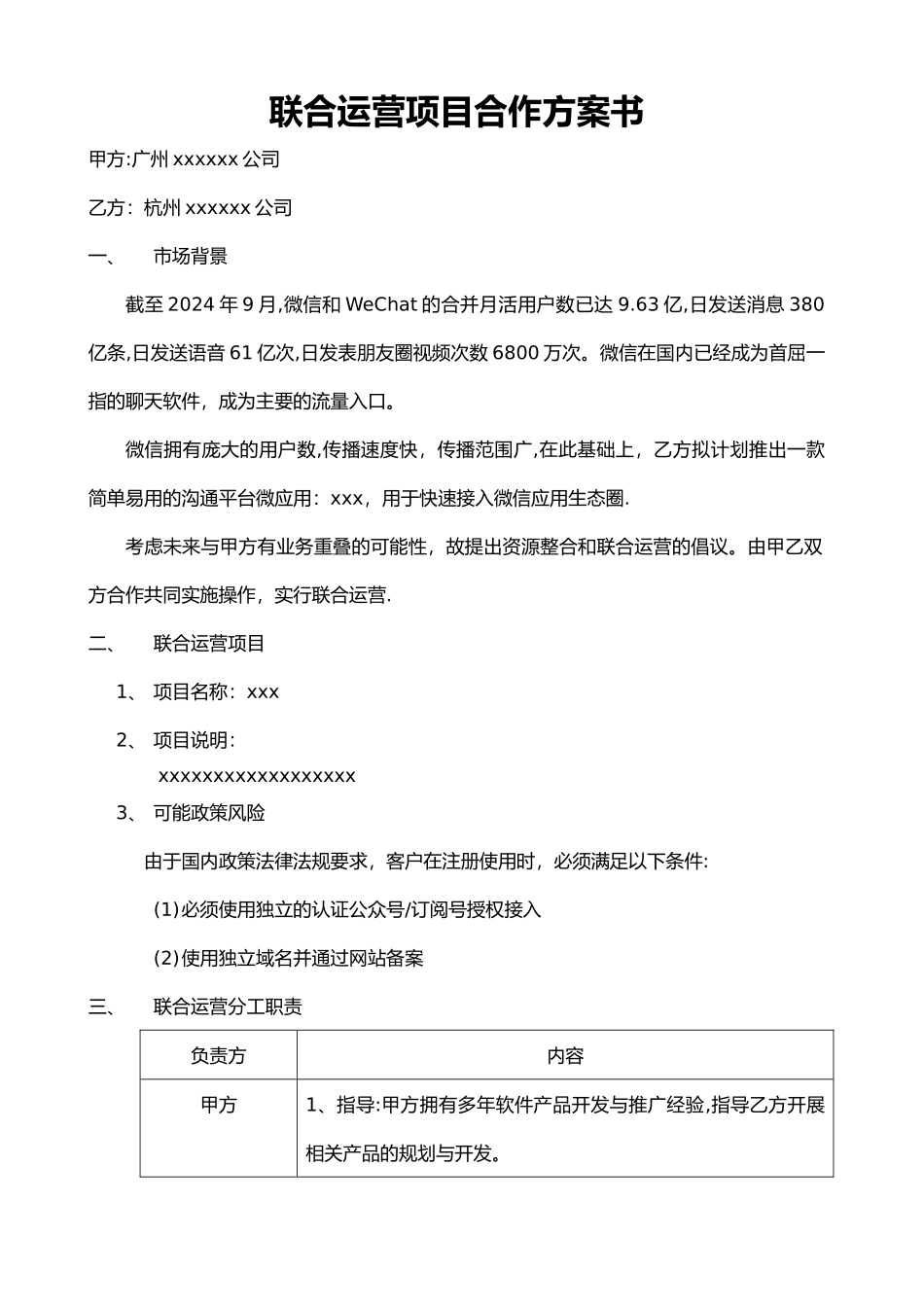 联合运营项目合作方案书--模板_第1页