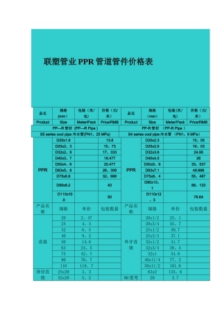 联塑管业PPR管道管件价格表
