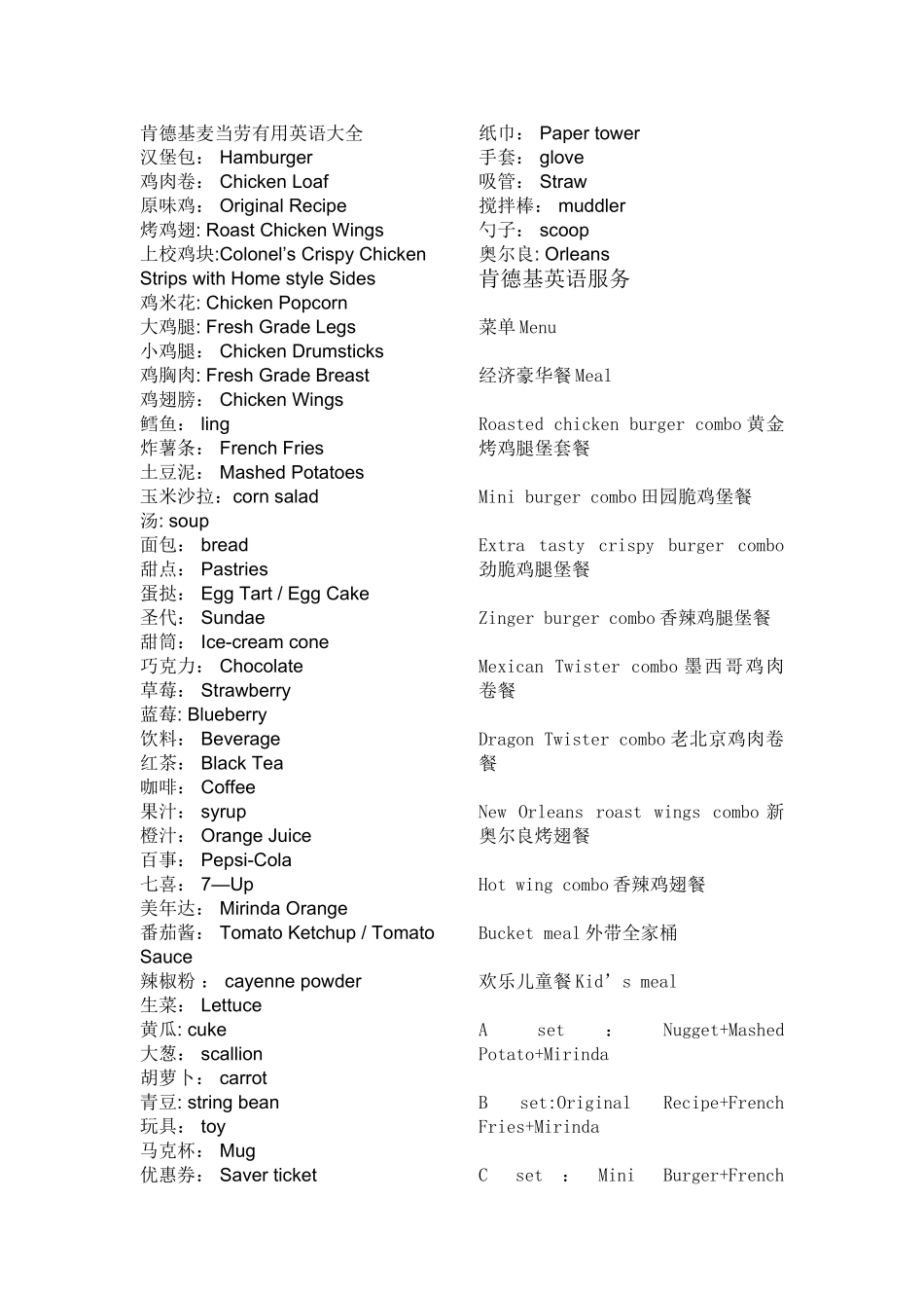 肯德基英语大全_第1页