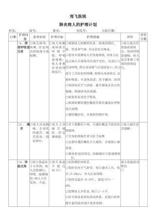 肺炎护理计划单