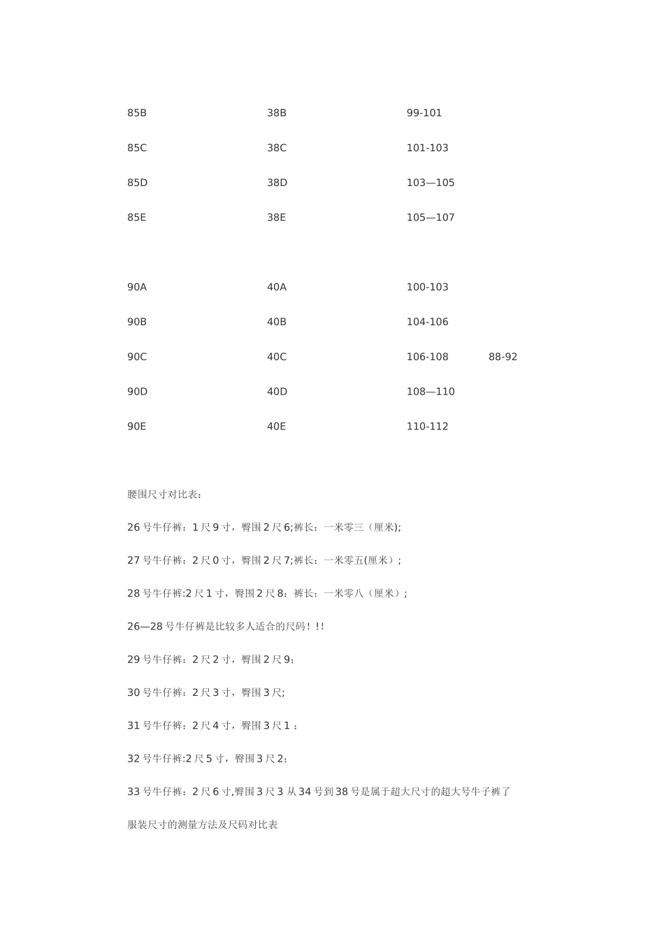 胸围腰围臀围尺寸对照算换表_第2页