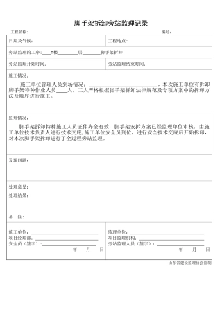 脚手架拆除旁站监理记录