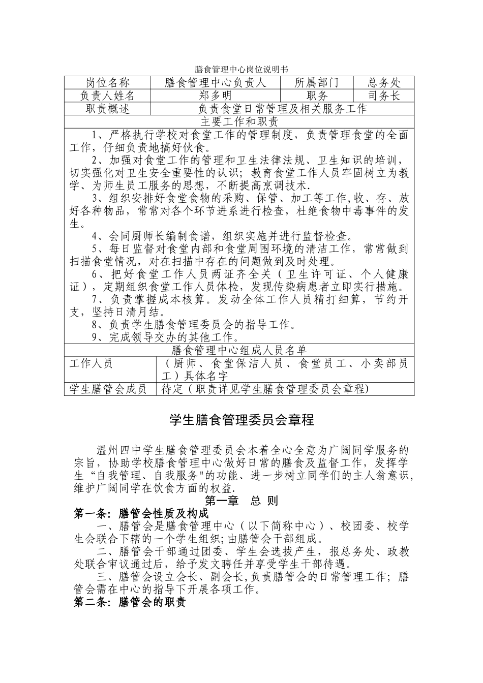 膳食管理中心岗位说明书_第1页