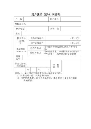 自来水注销停水申请表