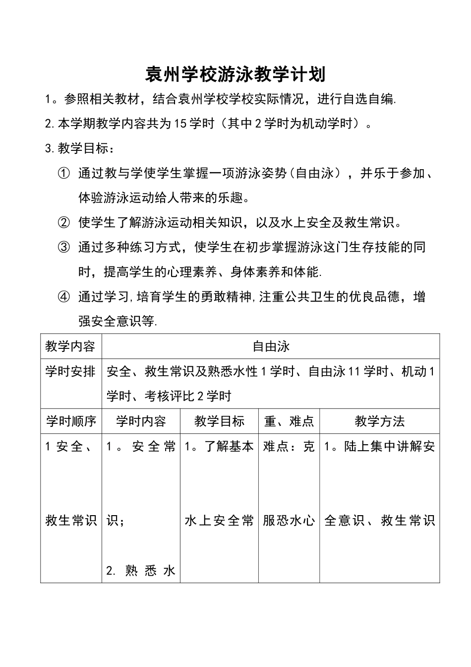 自由泳游泳教学计划清单_第1页