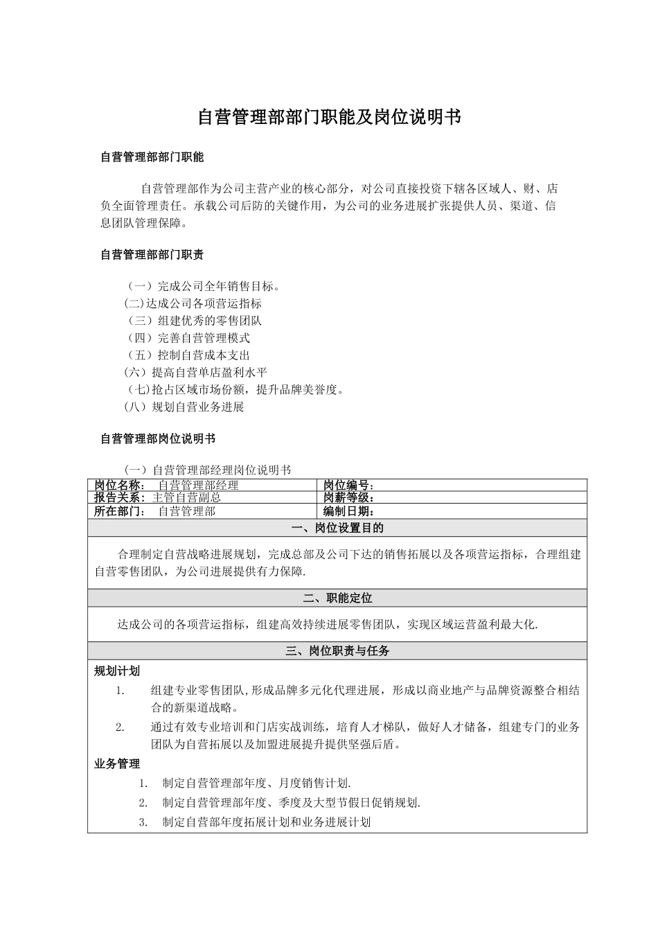 自营管理部部门职能及岗位说明书_第1页
