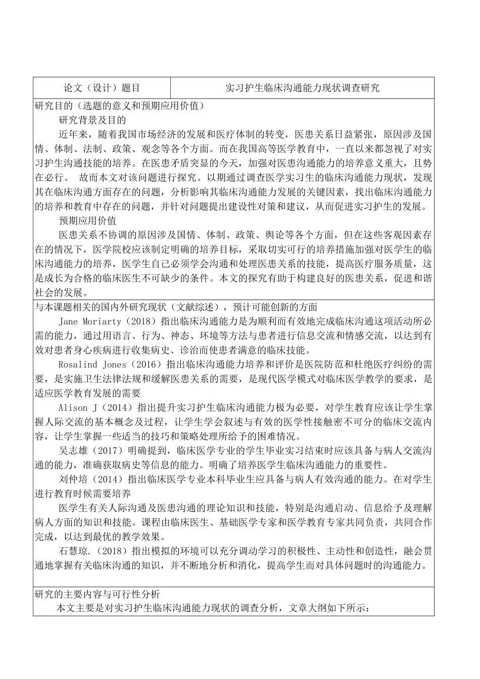 开题报告  高级护理专业  实习护生临床沟通能力现状调查研究_第1页