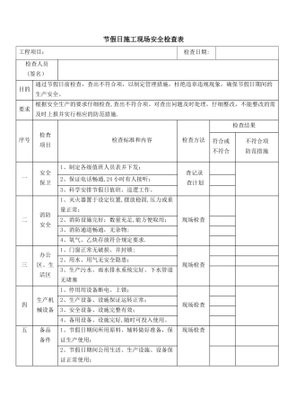 节假日施工现场安全检查表