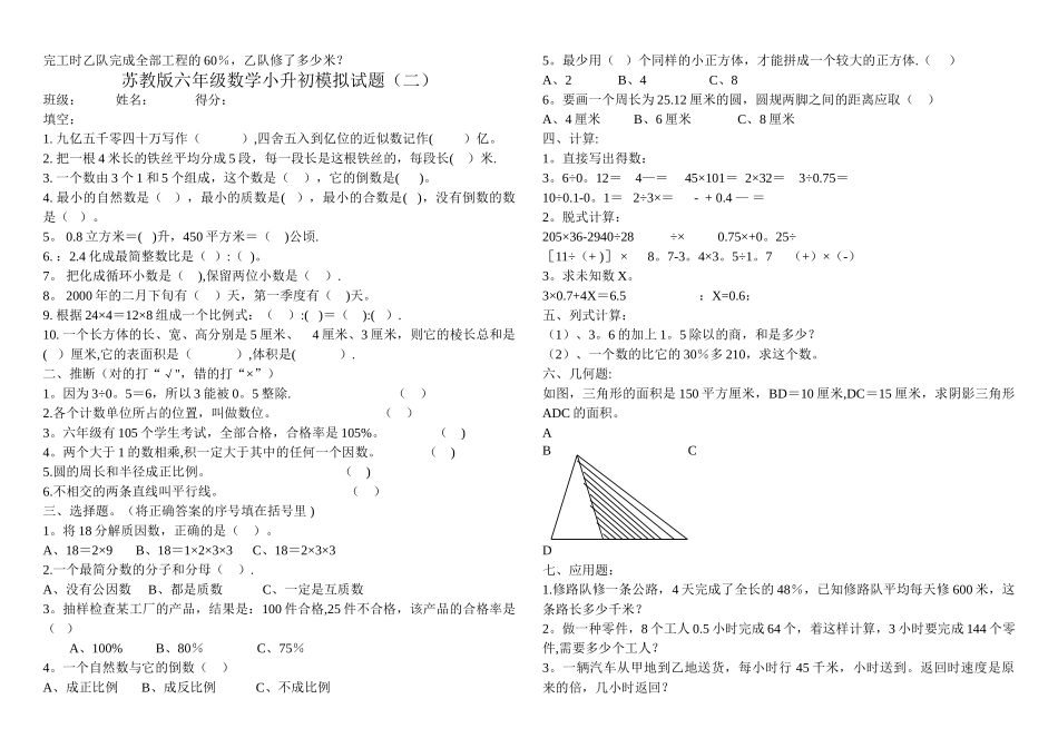 苏教版六年级数学期末试卷_第2页