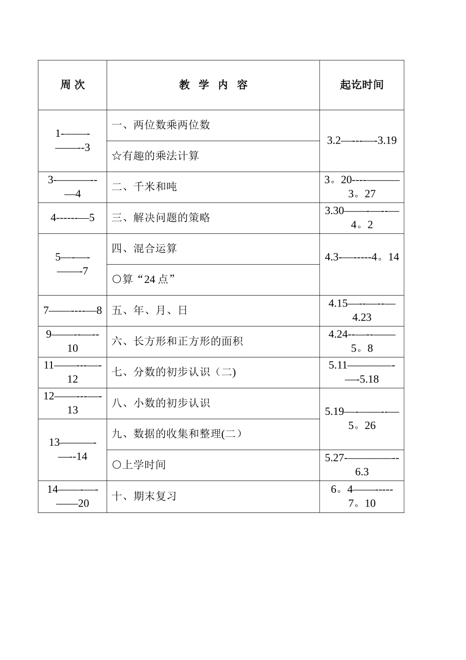 苏教版小学三年级下册数学教学计划和进度_第3页