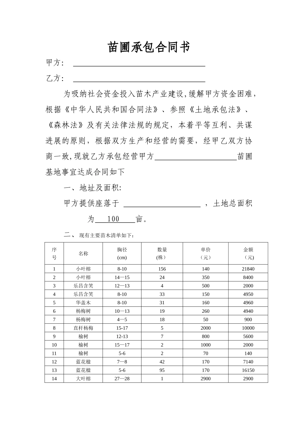 苗圃地承包合同书_第1页