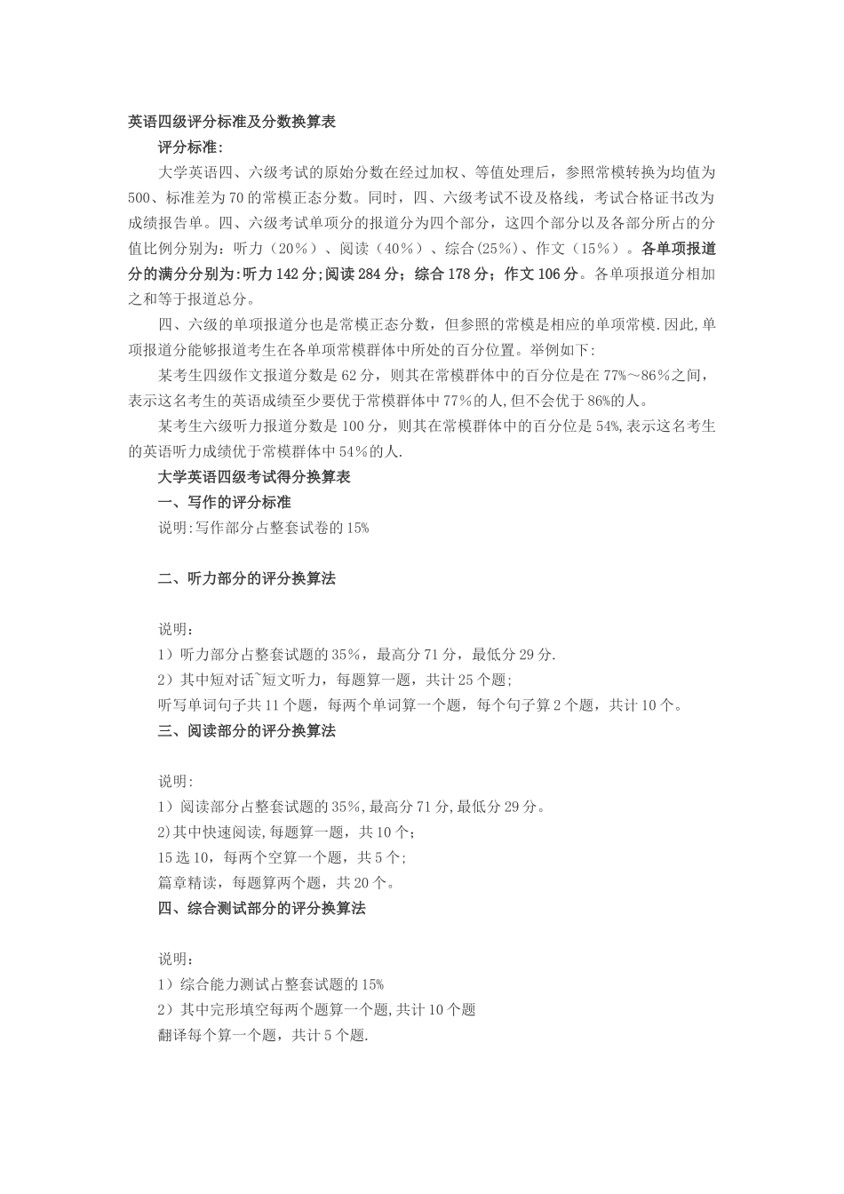 英语四级评分标准及分数换算表_第1页