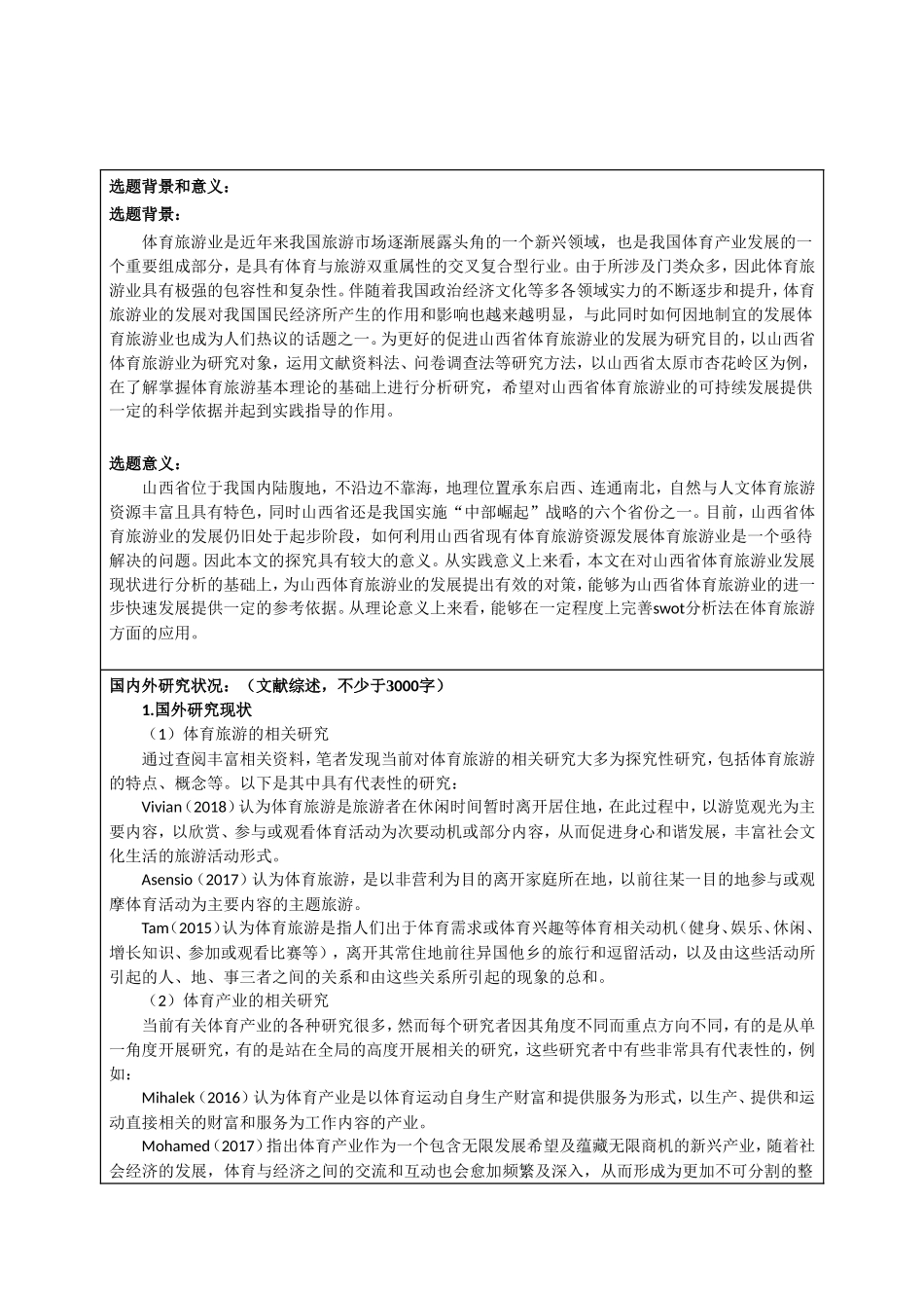开题报告  旅游管理专业 山西省体育旅游发展策略——以山西省XX市XX县为例_第1页