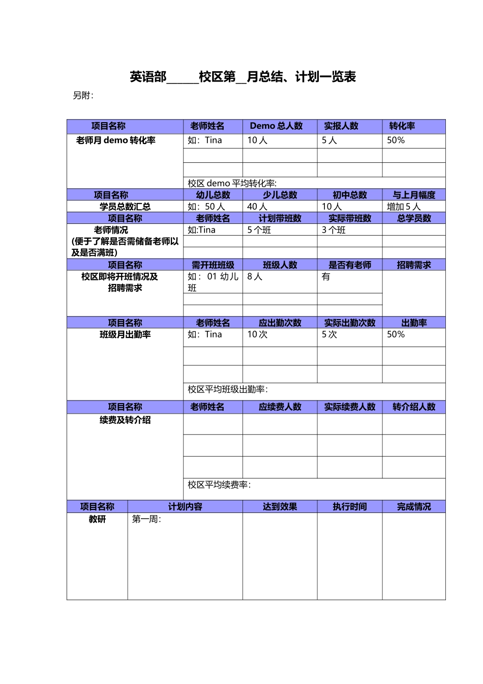 英语培训学校月工作计划和总结模板_第1页