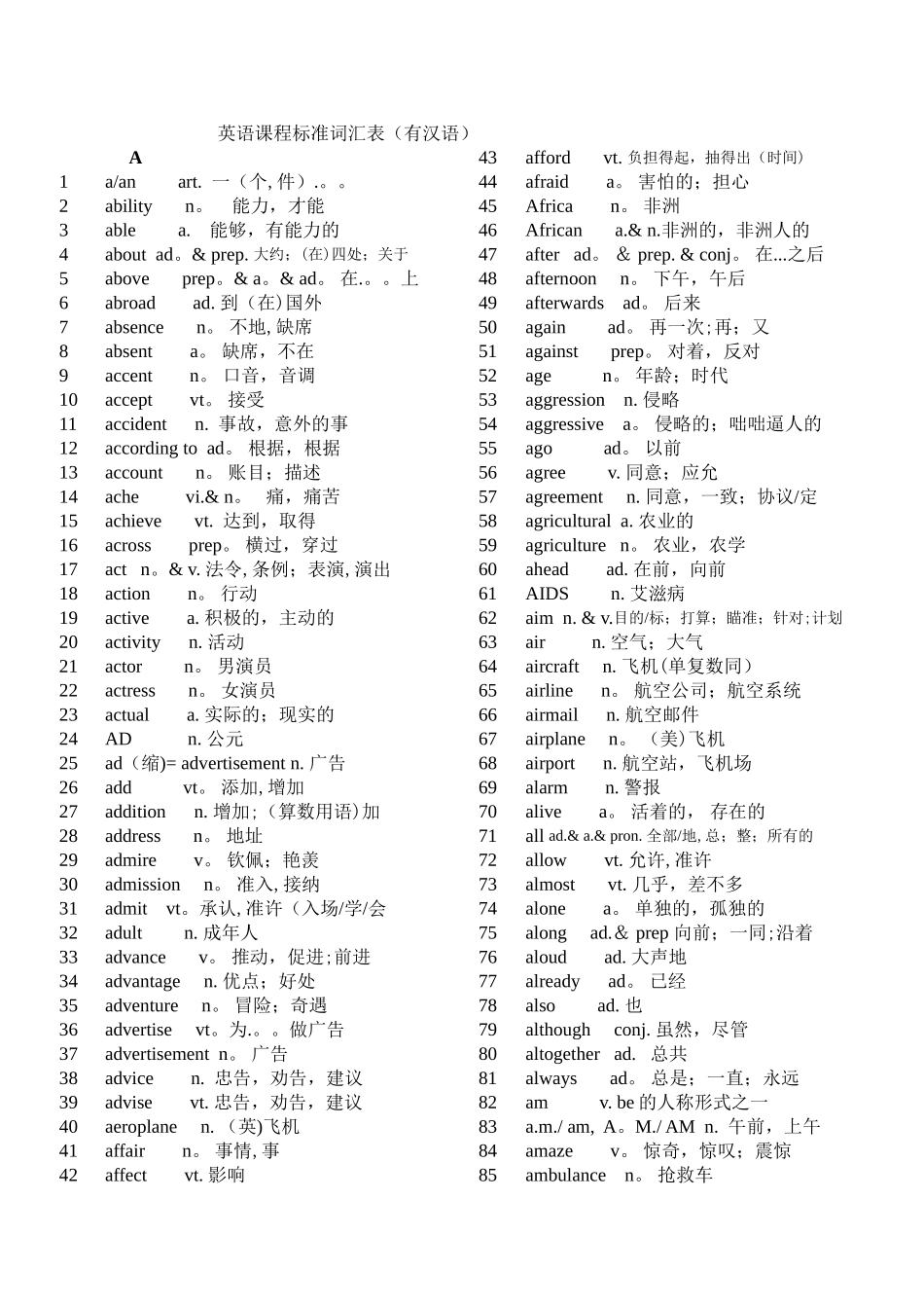 英语课程标准词汇表{有汉语}_第1页
