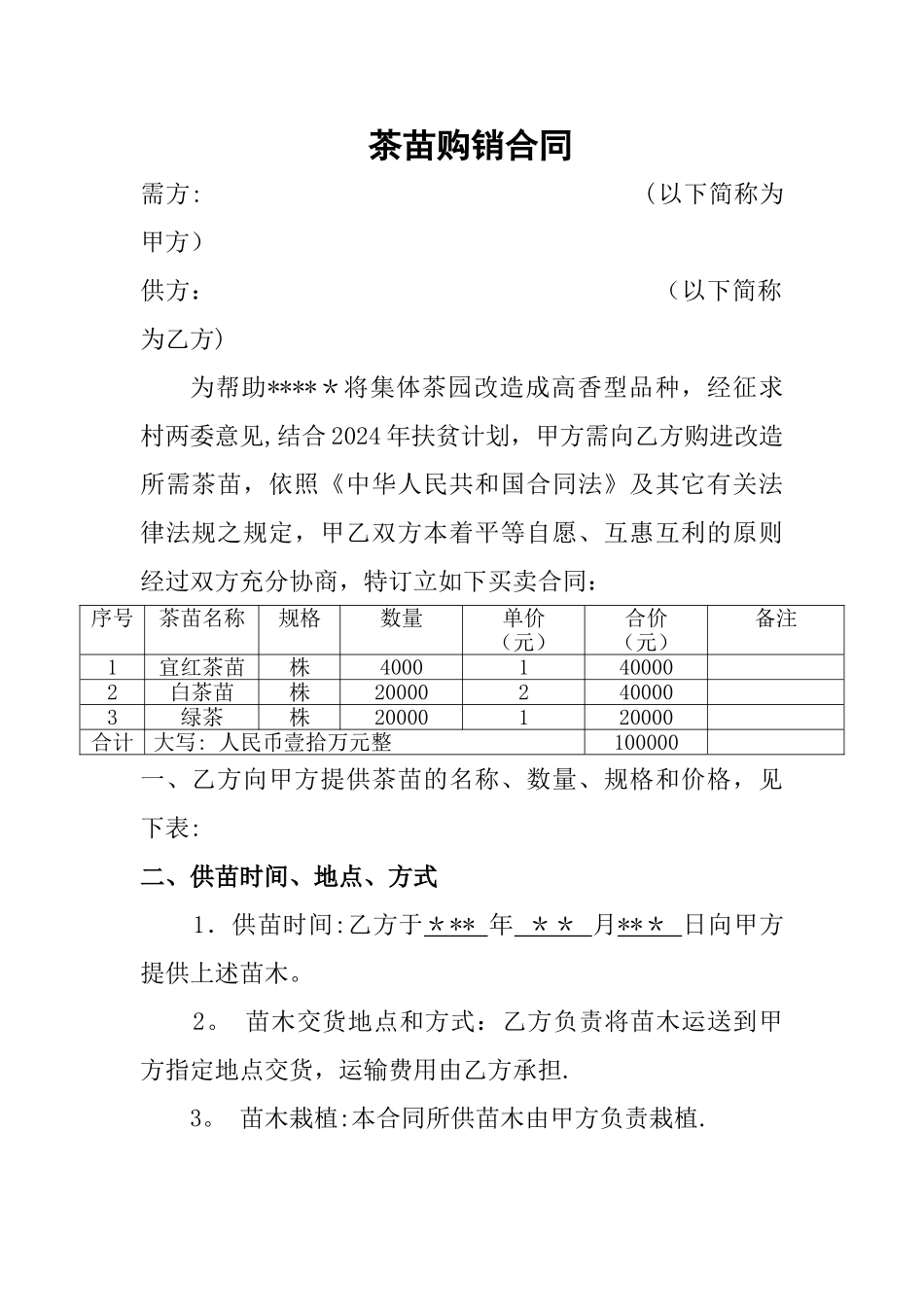 茶苗购销合同_第1页