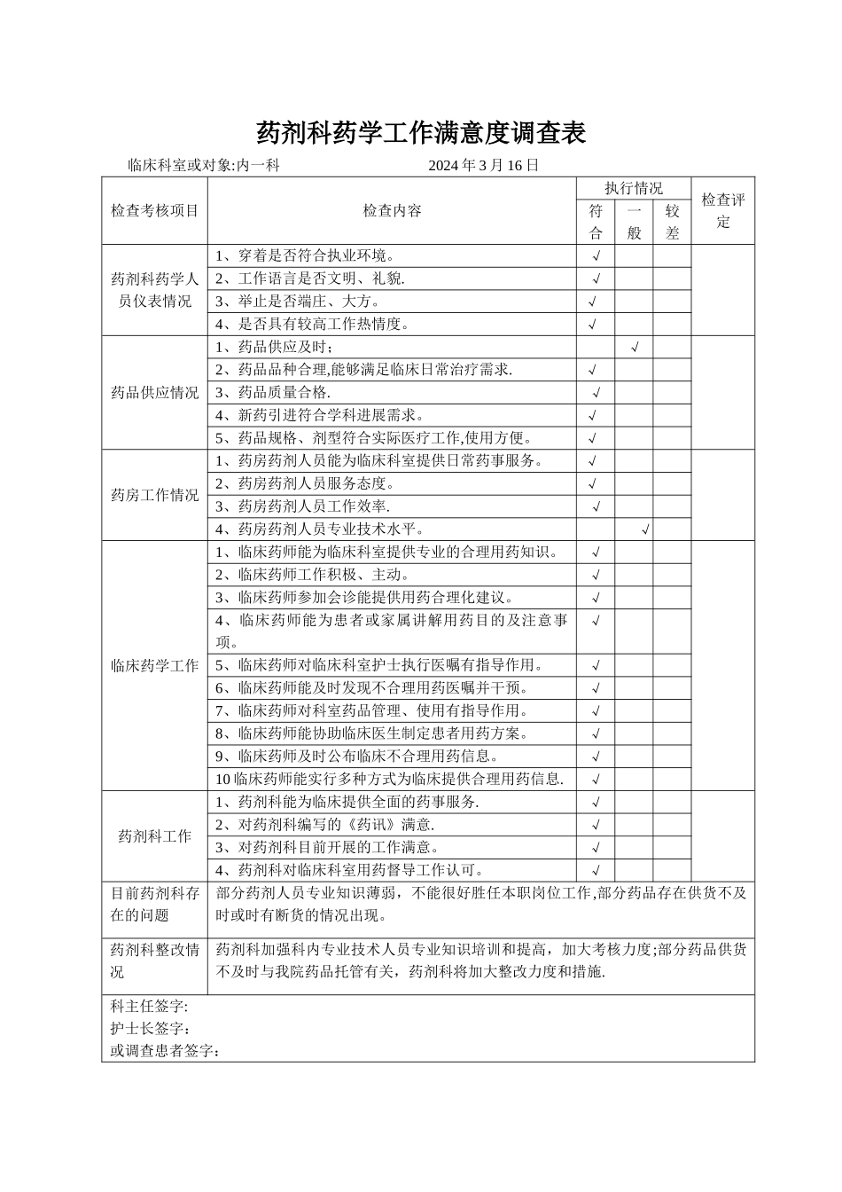 药剂科工作满意度调查表_第1页