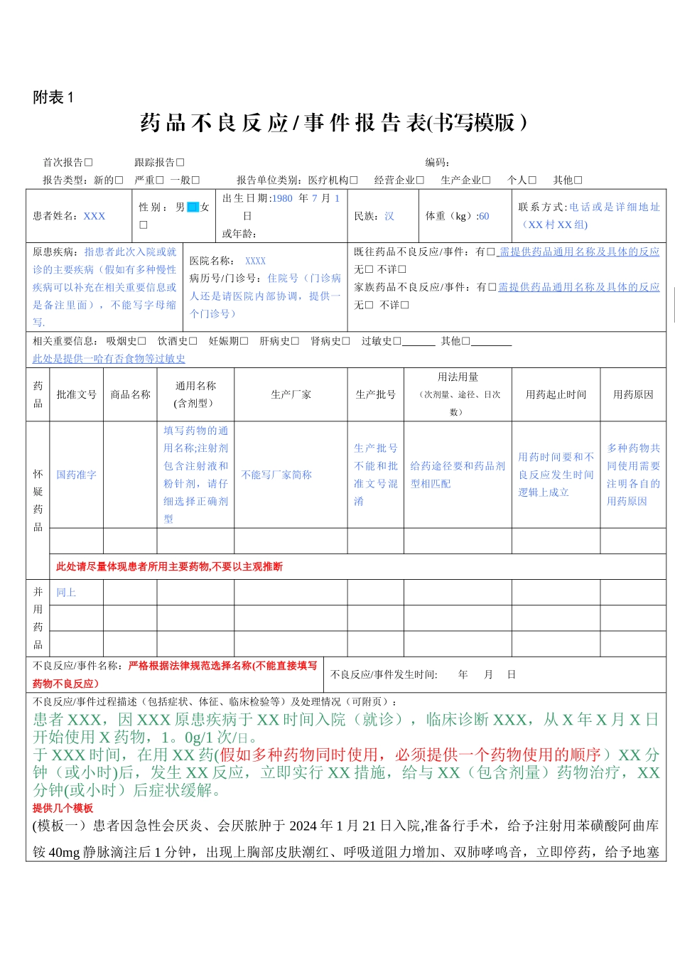 药品不良反应报告表(模版)_第1页